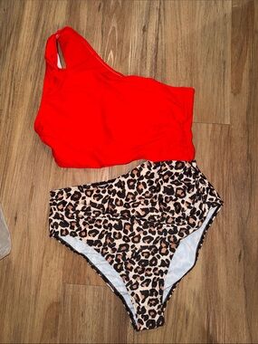 NWOT Shein Red One-Shoulder Top with Leopard High-Waist Bottom one piece